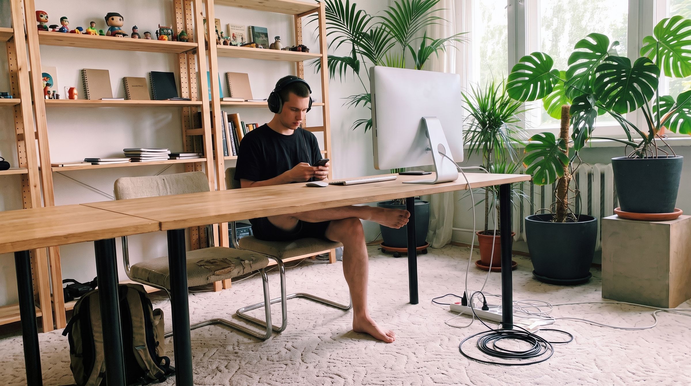Eine Person in einem großzügigen Studio hält am Schreibtisch mit Monitor ein Telefon