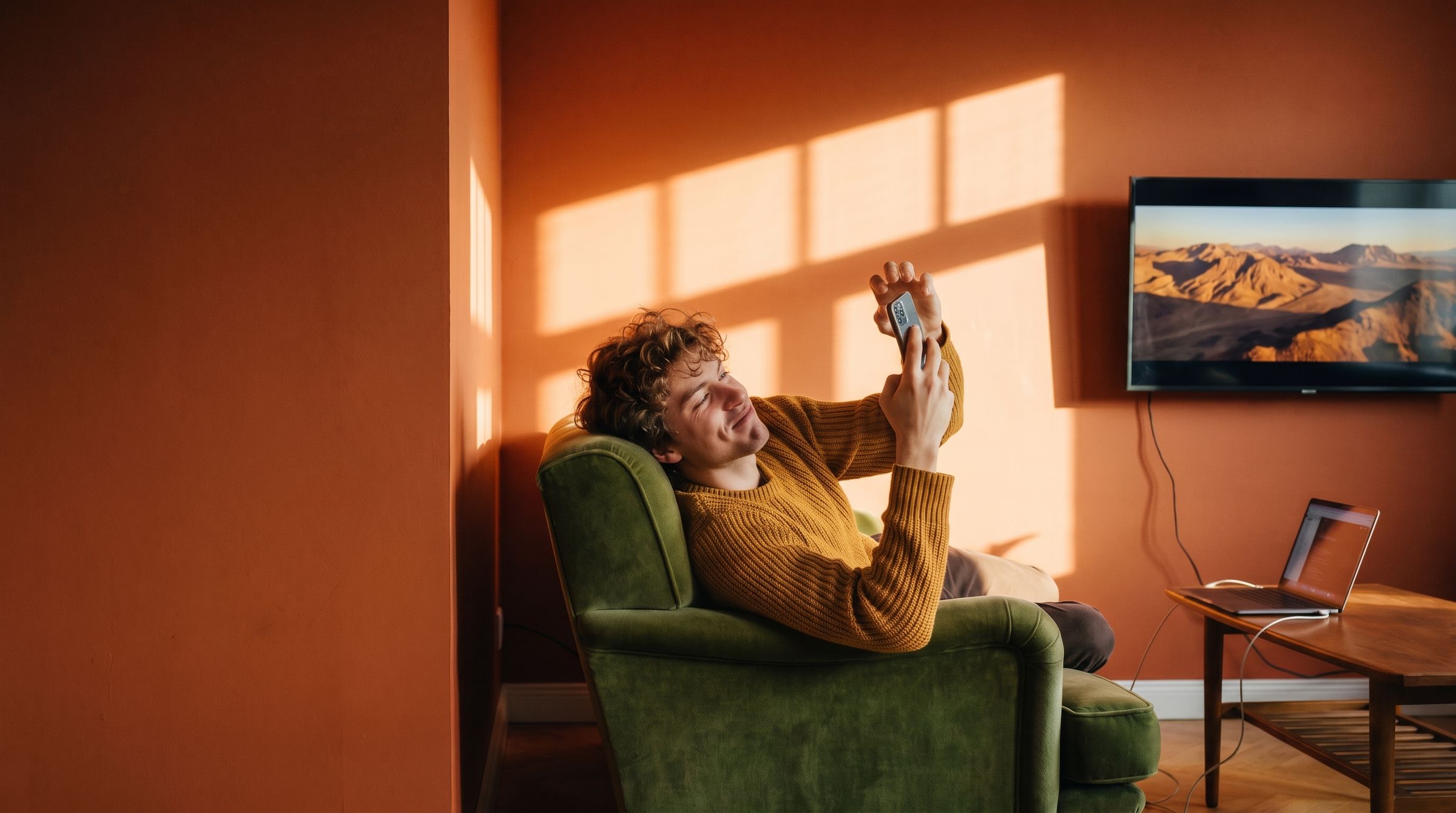 Ein Typ fläzt sich im Sessel und steuert den Laptop am Fernseher mit dem Telefon